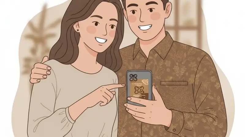 Pengantin sedang melihat proses desain undangan digital di tablet