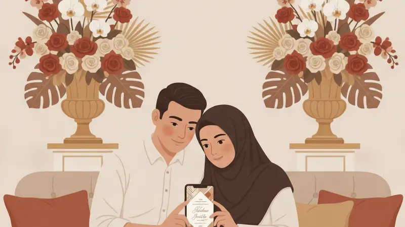 Ilustrasi seseorang sedang mendesain undangan digital di laptop dengan PowerPoint