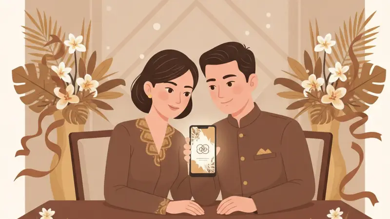 Ilustrasi pasangan sedang melihat undangan digital wedding di smartphone