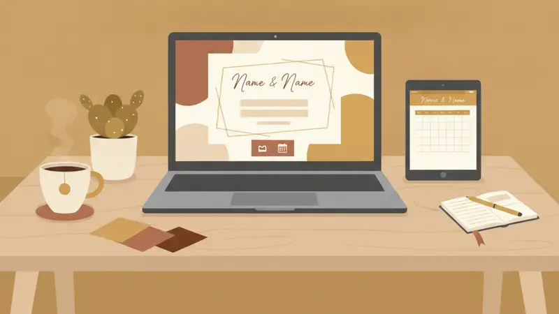 Pasangan pengantin memegang tablet menampilkan undangan digital