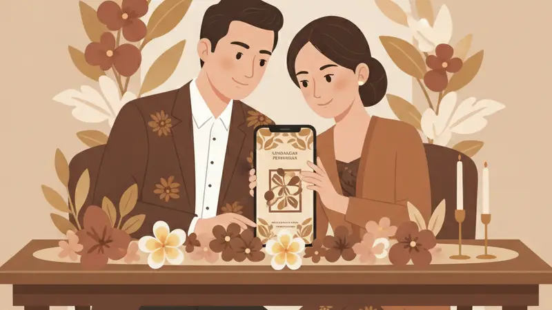 Ilustrasi keluarga bahagia dengan anak laki-laki yang baru dikhitan, memegang undangan digital di tablet