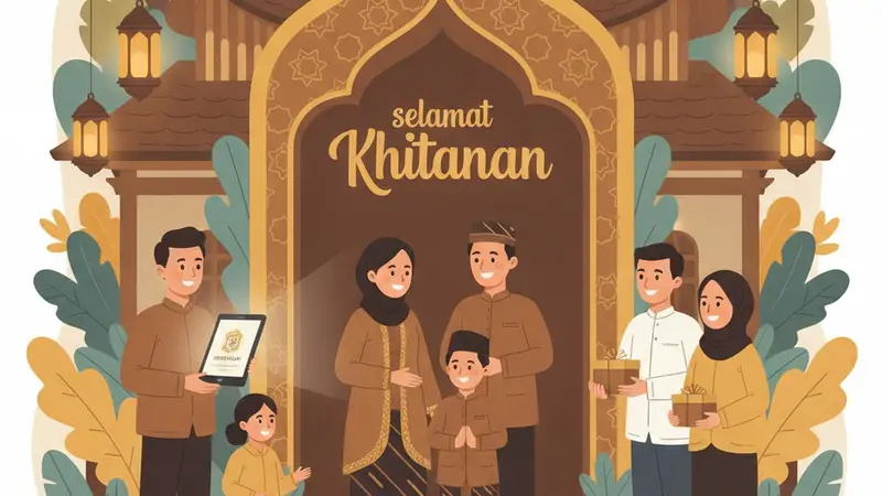 Tangan mengetik di laptop, sedang mendesain undangan khitanan digital dengan berbagai pilihan fitur