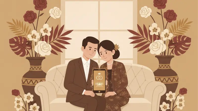 Ilustrasi pasangan sedang melihat undangan pernikahan digital di laptop