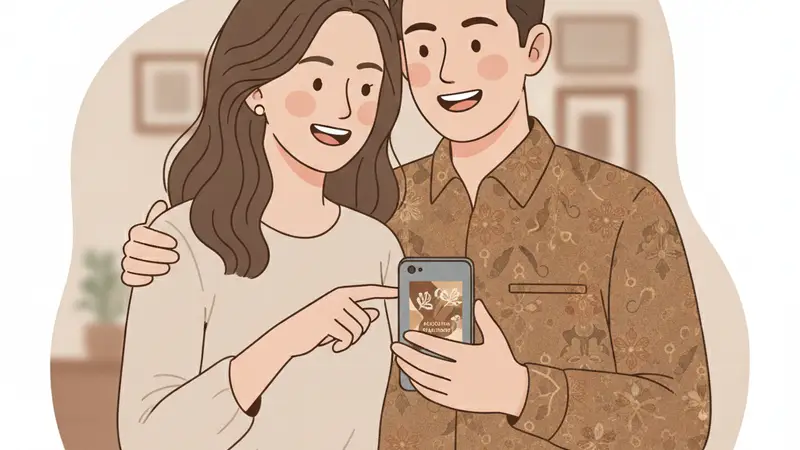 Pengantin wanita dan pria sedang melihat desain undangan pernikahan digital