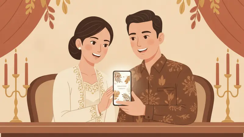 Ilustrasi pasangan mengedit undangan pernikahan digital kosong di laptop