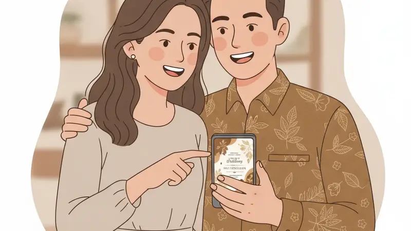Ilustrasi pasangan sedang melihat demo undangan digital Sannubari di smartphone