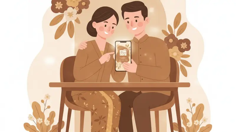 Ilustrasi pasangan sedang mencari inspirasi download undangan pernikahan digital siap edit di laptop