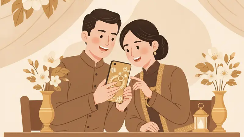 Ilustrasi pasangan sedang melihat undangan pernikahan online di tablet