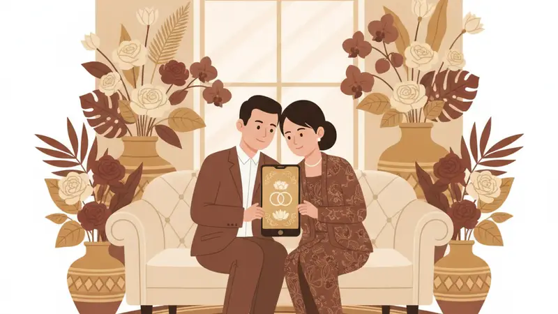 Pasangan mengedit foto undangan pernikahan online di laptop