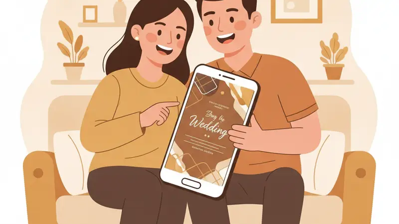 Pengantin melihat hasil edit foto undangan pernikahan online
