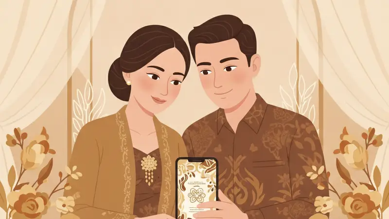 Pasangan sedang edit kartu undangan pernikahan online di laptop