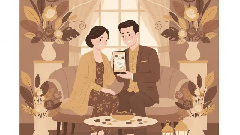 Ilustrasi pasangan sedang mengedit undangan pernikahan online di laptop