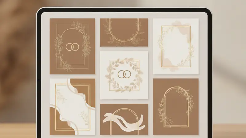 Tangan sedang memegang tablet yang menampilkan template undangan online yang bisa diedit