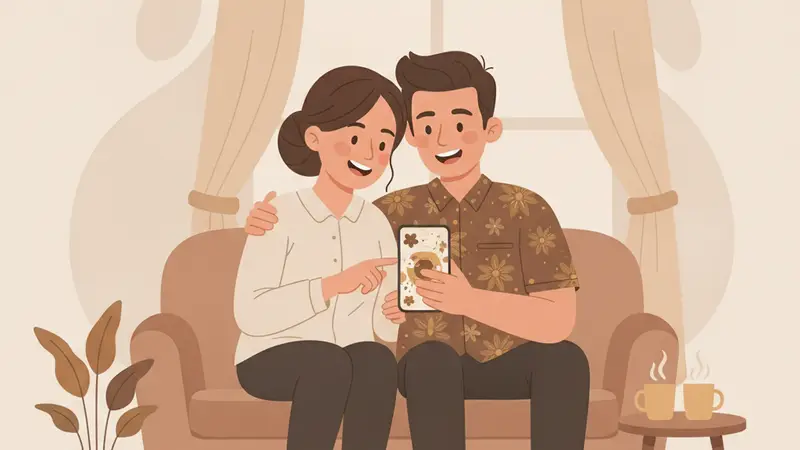 Pasangan sedang melihat undangan pernikahan digital Sannubari di tablet
