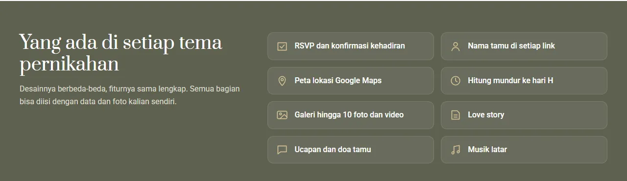 Daftar fitur pada setiap tema pernikahan Sannubari: RSVP, nama tamu di setiap link, peta Google Maps, hitung mundur, galeri foto dan video, love story, ucapan tamu, musik latar