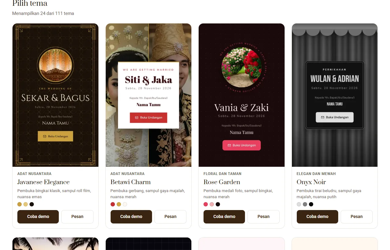 Tangkapan layar katalog tema Sannubari berisi empat kartu tema: Javanese Elegance, Betawi Charm, Rose Garden, dan Onyx Noir