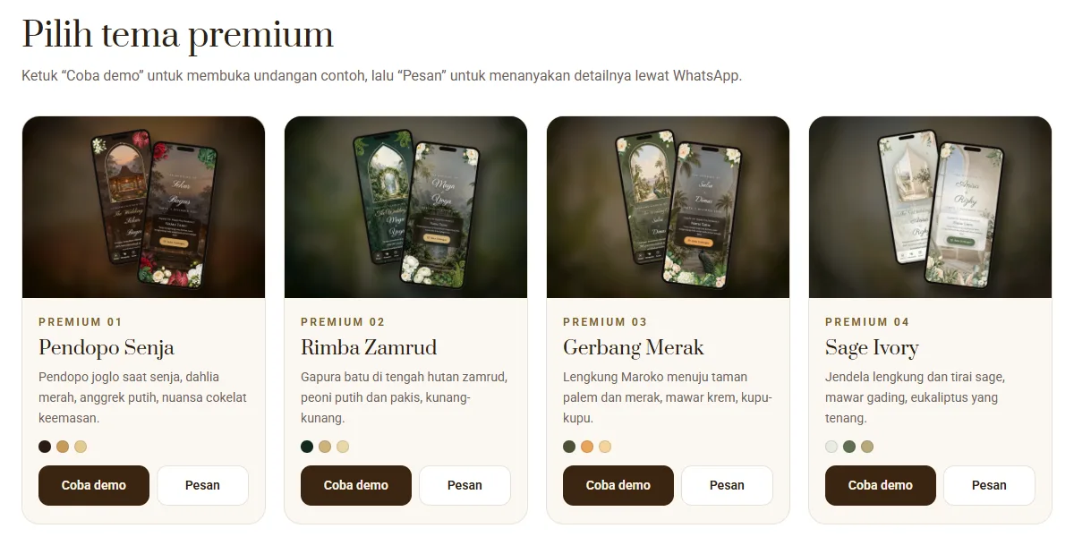 Tangkapan layar halaman Katalog Undangan Premium Sannubari berisi kartu tema Pendopo Senja, Rimba Zamrud, Gerbang Merak, dan Sage Ivory dengan tombol Coba demo