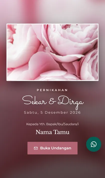 Tangkapan layar sampul undangan digital pernikahan di ponsel dengan nama tamu dan tombol Buka Undangan