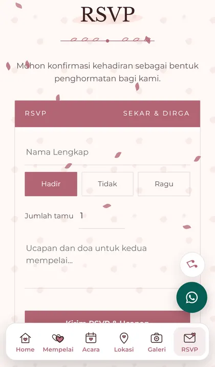 Tangkapan layar formulir RSVP undangan digital dengan pilihan Hadir, Tidak, Ragu dan kolom ucapan