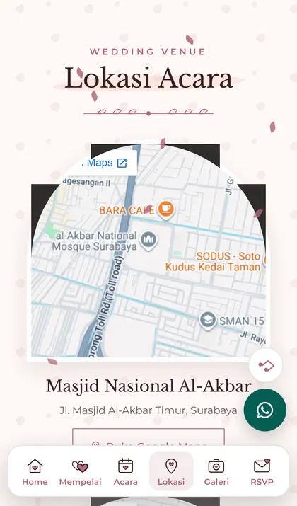 Tangkapan layar bagian Lokasi Acara pada undangan digital dengan peta Google Maps dan menu navigasi bawah
