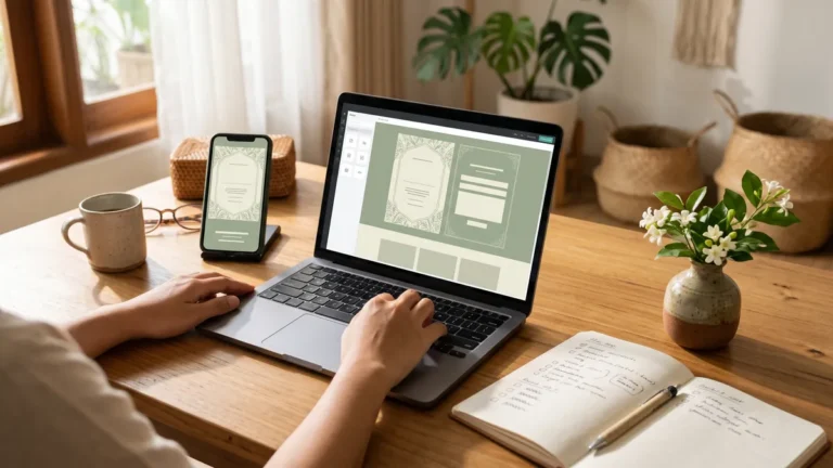 Ilustrasi tangan mengetik di laptop yang menampilkan editor website undangan pernikahan bernuansa hijau sage, dengan pratinjau versi ponsel dan catatan daftar langkah di meja