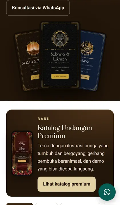Tangkapan layar katalog undangan digital Sannubari di ponsel, menampilkan beberapa desain undangan dengan tombol Buka Undangan