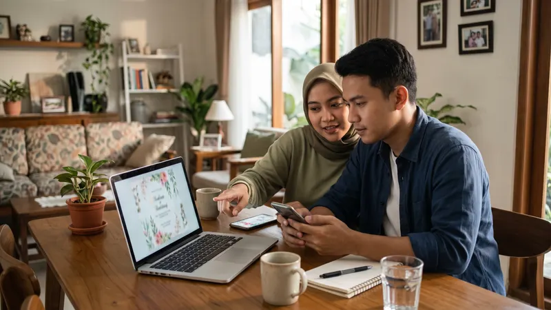 Visual konseptual pasangan melihat rancangan undangan pada laptop di meja
