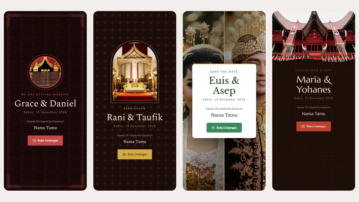 Tangkapan layar sampul empat tema undangan web Sannubari bernuansa adat: Batak Heritage, Minang Heritage, Sundanese Grace, dan Toraja Heritage di layar ponsel
