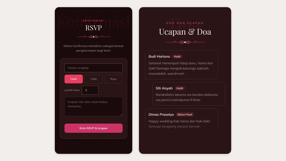 Tangkapan layar formulir RSVP dengan pilihan Hadir, Tidak, Ragu dan daftar ucapan tamu pada tema Rose Garden Sannubari