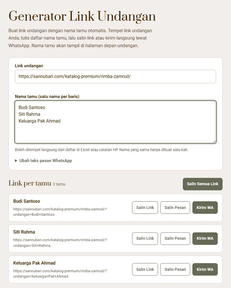 Tangkapan layar halaman Generator Link Undangan Sannubari berisi kolom link undangan, daftar nama tamu, dan tombol Salin Link, Salin Pesan, Kirim WA untuk tiap tamu
