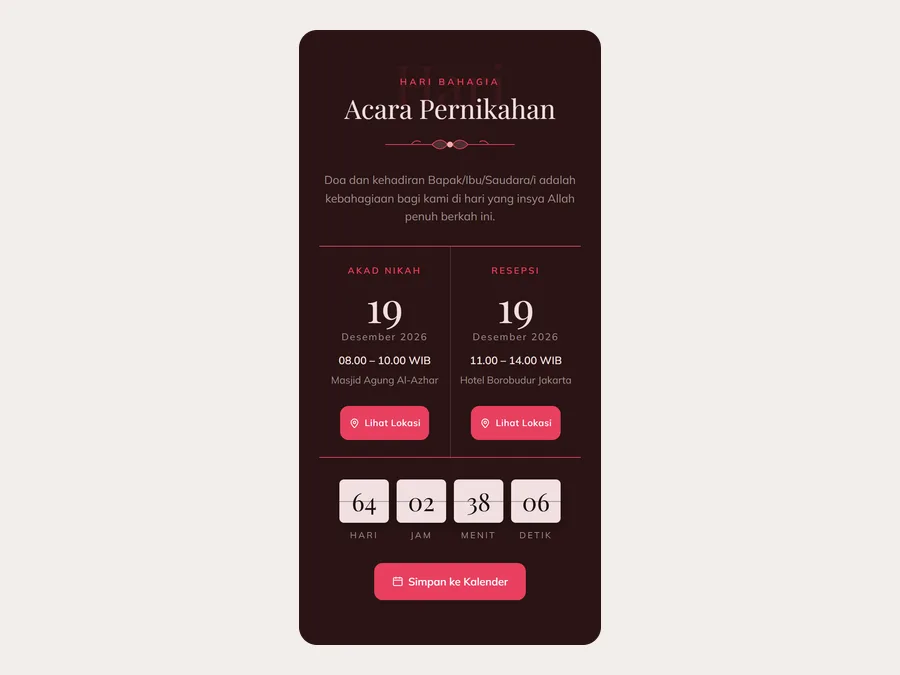 Tangkapan layar bagian jadwal akad dan resepsi, hitung mundur hari, jam, menit, detik, serta tombol Simpan ke Kalender pada tema Rose Garden Sannubari