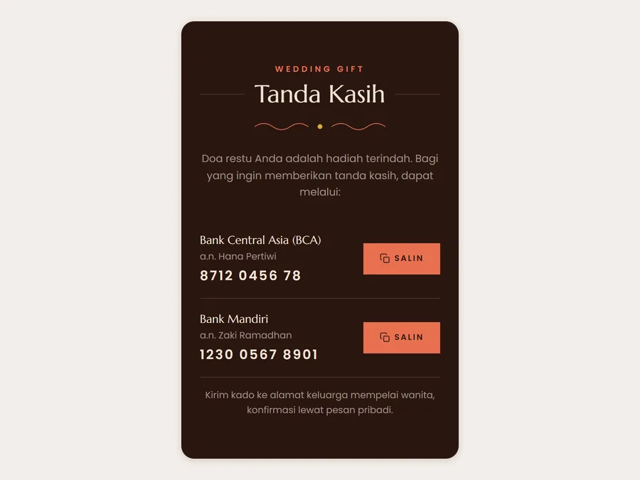 Tangkapan layar bagian Tanda Kasih berisi nama bank, nama pemilik rekening, nomor rekening, dan tombol Salin pada tema Bali Sunset Sannubari
