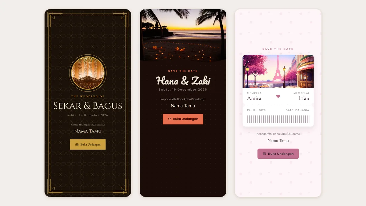 Tangkapan layar sampul tiga tema undangan web Sannubari: Javanese Elegance, Bali Sunset, dan Paris Romance di layar ponsel