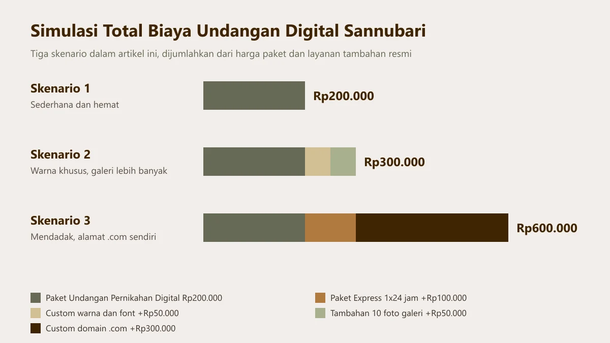 Grafik batang total biaya tiga skenario undangan digital Sannubari: Rp200.000, Rp300.000, dan Rp600.000 beserta rincian layanan tambahan