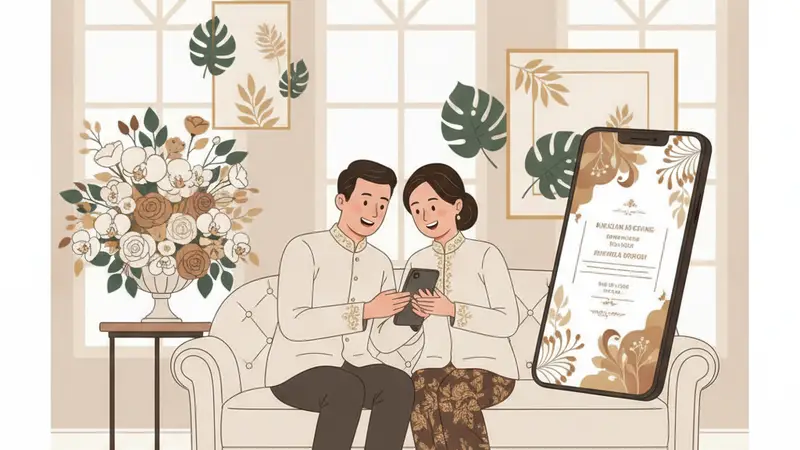 Ilustrasi pasangan memilih template undangan online gratis di laptop