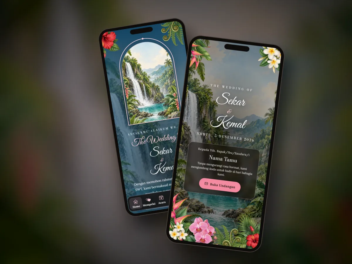 Pratinjau undangan premium Air Terjun Biru di dua layar ponsel