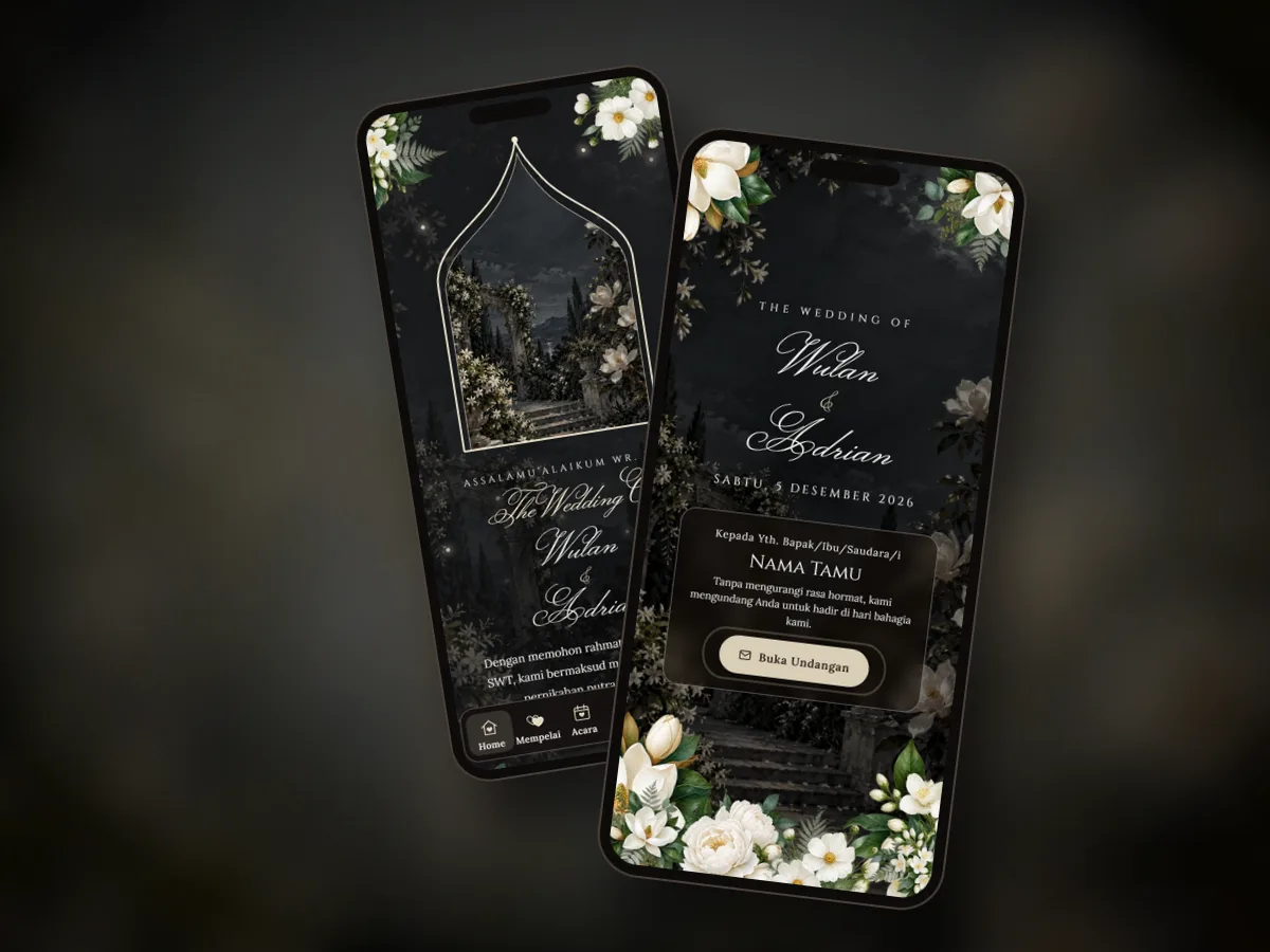 Pratinjau undangan premium Arang Melati di dua layar ponsel