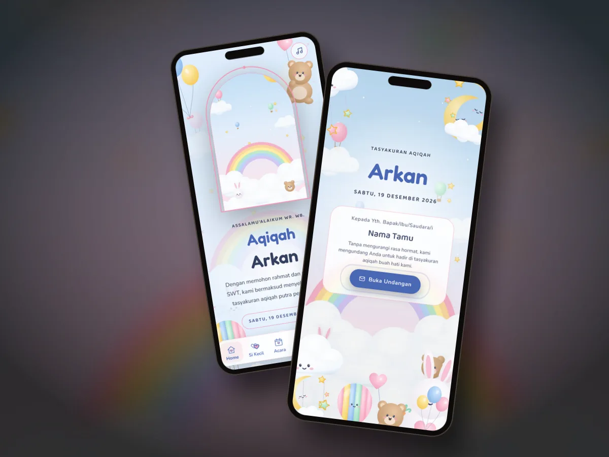 Pratinjau undangan aqiqah premium Awan Ceria di dua layar ponsel