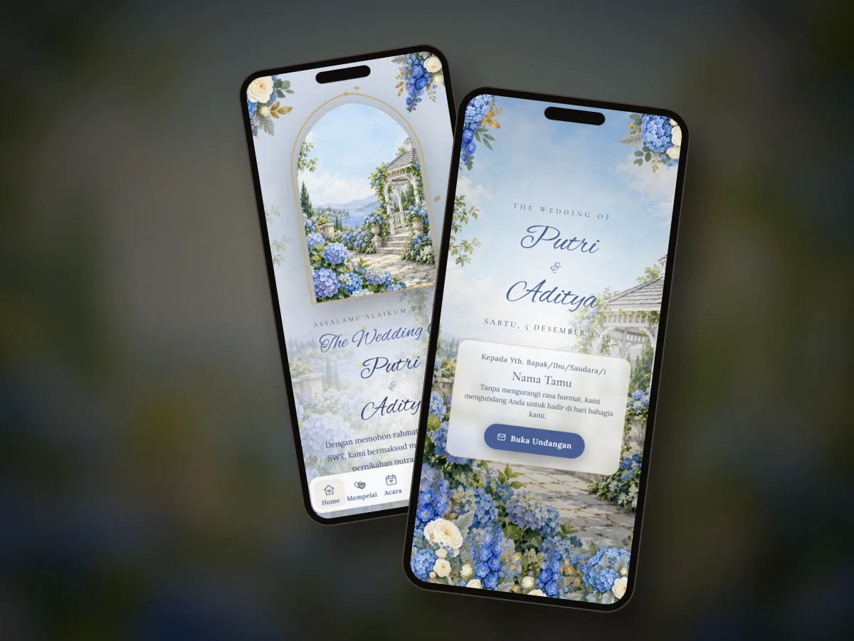 Pratinjau undangan premium Biru Hortensia di dua layar ponsel