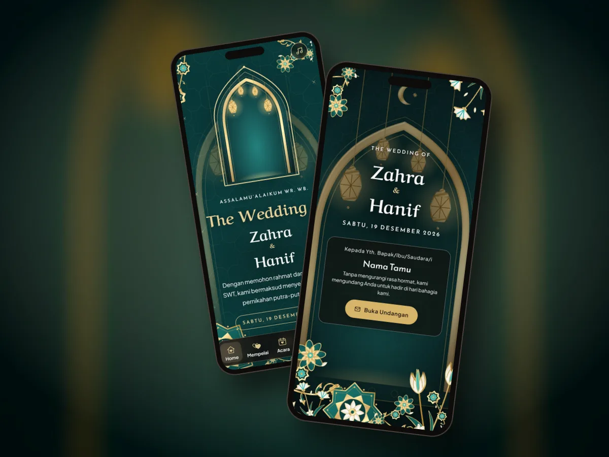 Pratinjau undangan premium Geometri Mihrab di dua layar ponsel