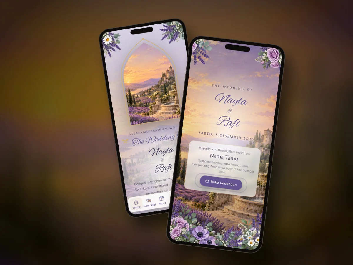 Pratinjau undangan premium Kastil Lavender di dua layar ponsel