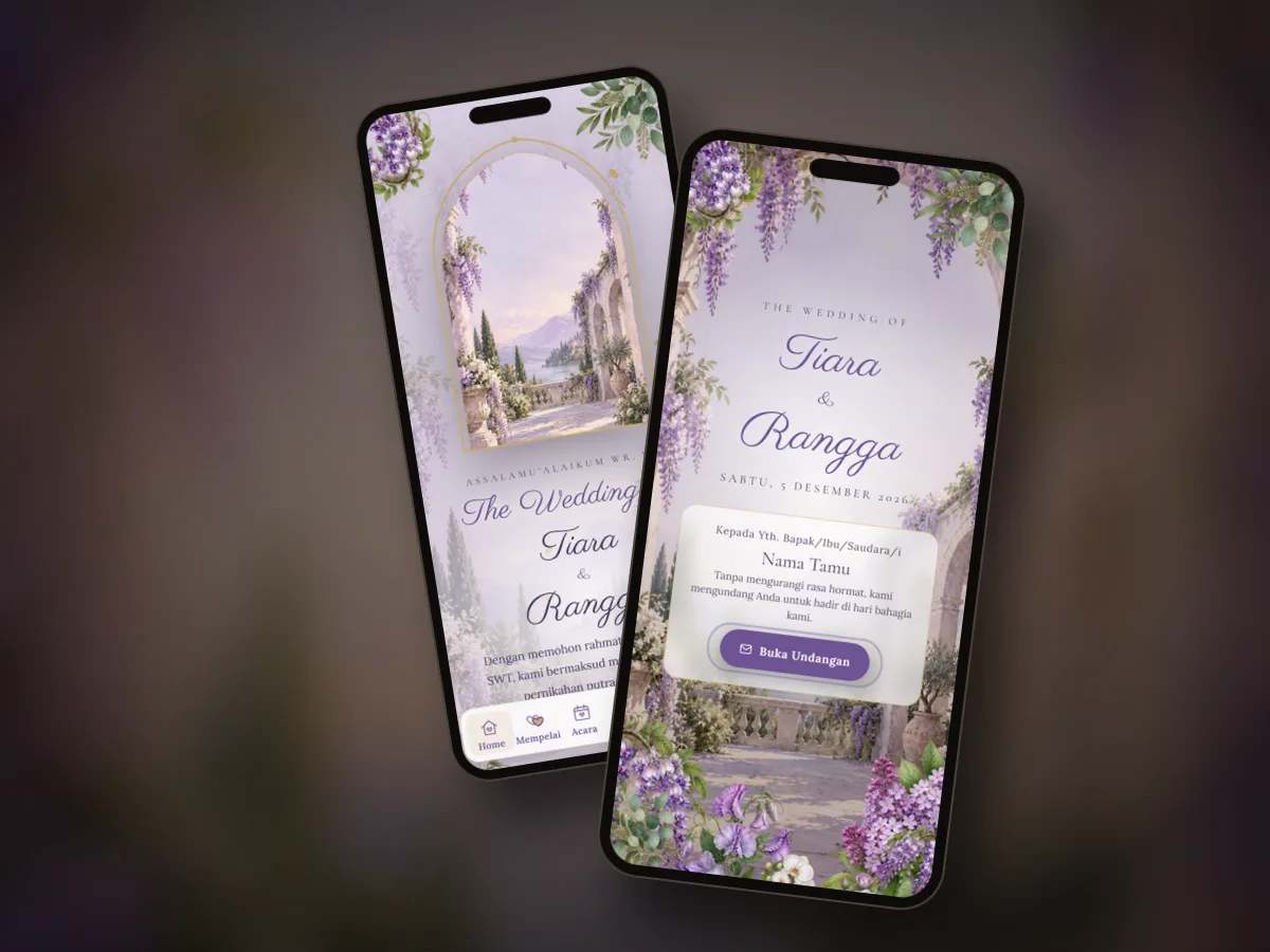 Pratinjau undangan premium Lila Lengkung di dua layar ponsel
