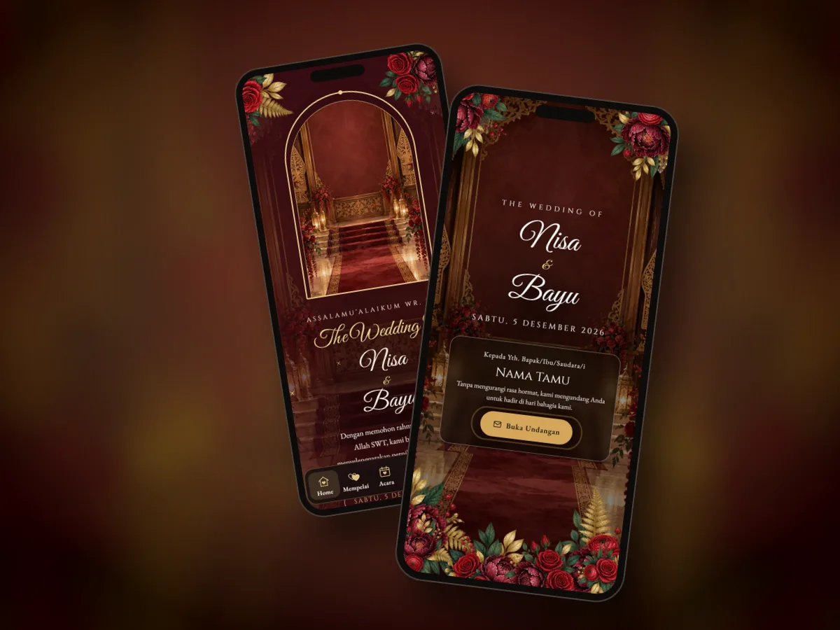 Pratinjau undangan premium Marun Kencana di dua layar ponsel