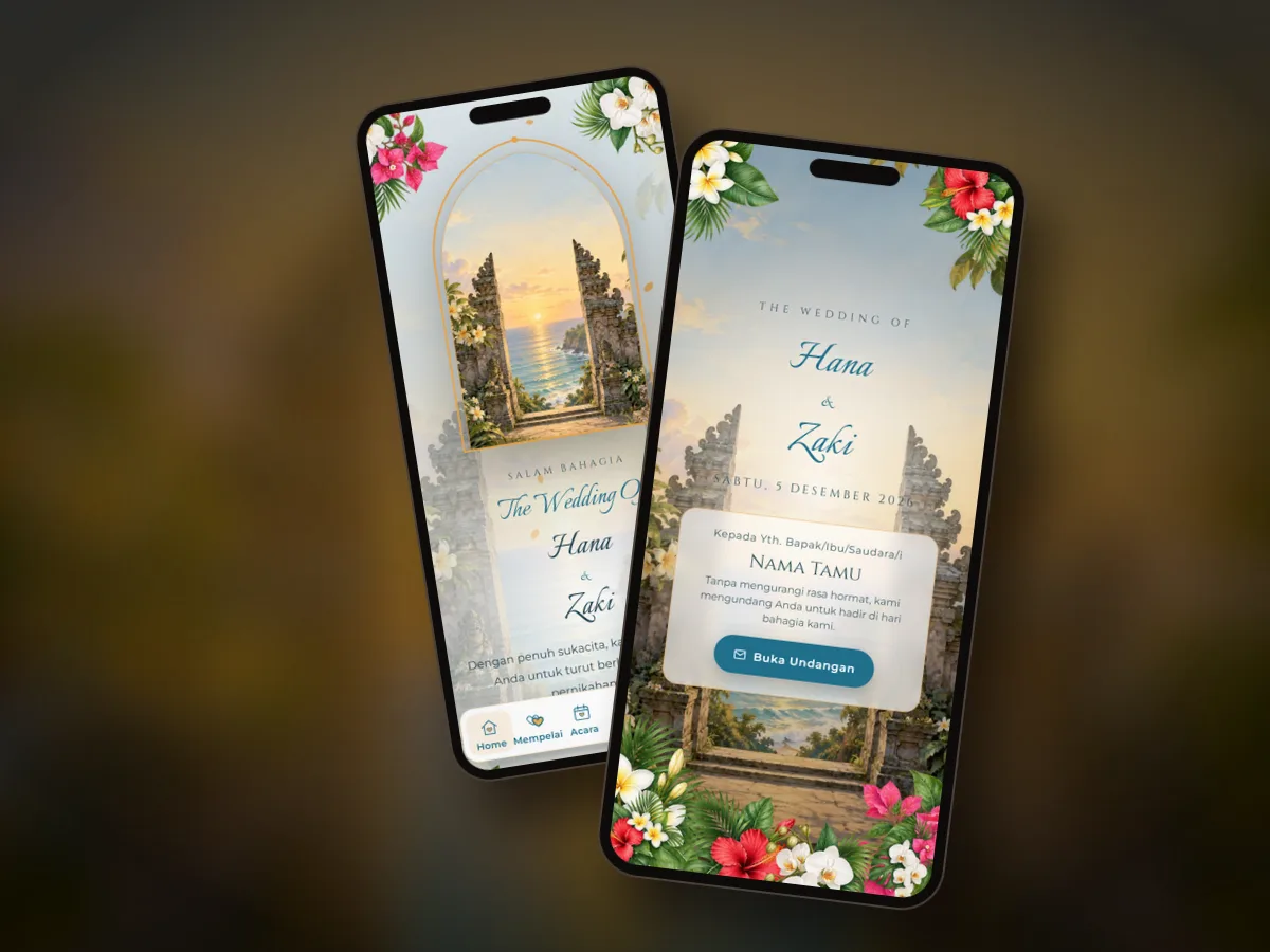 Pratinjau undangan premium Pura Samudra di dua layar ponsel