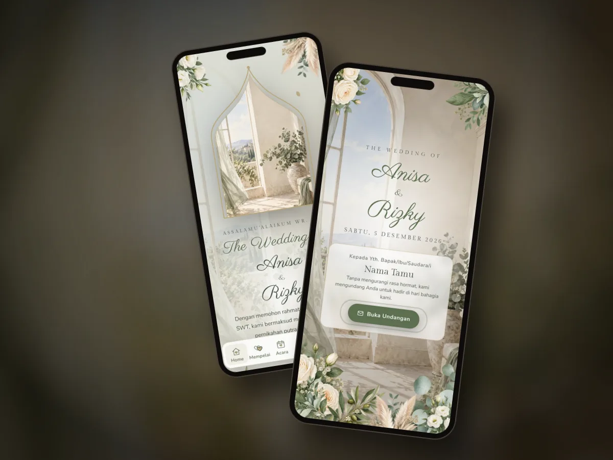 Pratinjau undangan premium Sage Ivory di dua layar ponsel