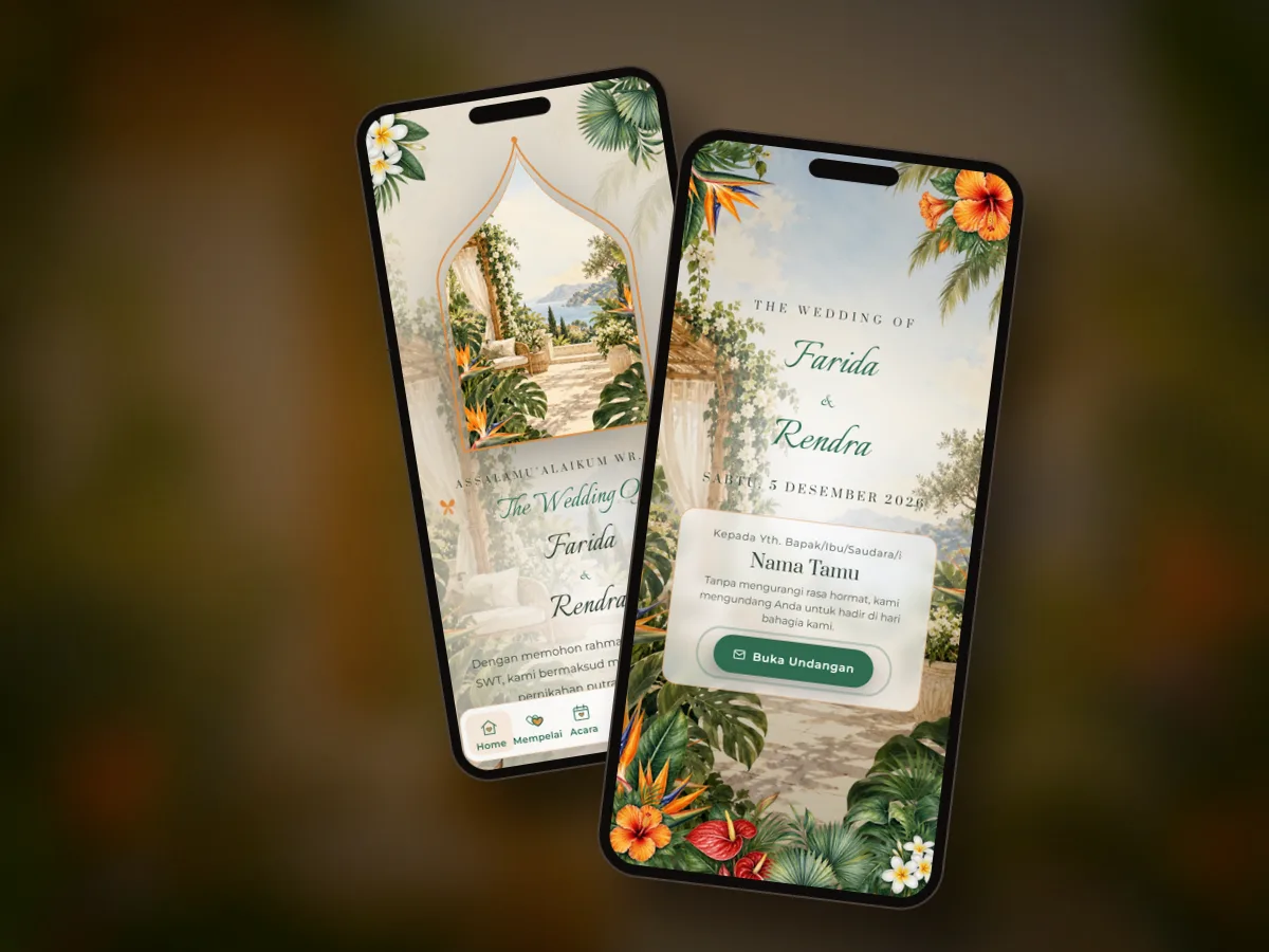 Pratinjau undangan premium Taman Tropika di dua layar ponsel