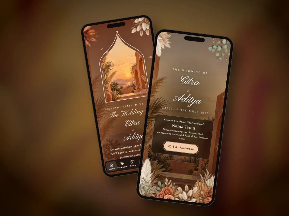 Pratinjau undangan premium Terakota Pampas di dua layar ponsel